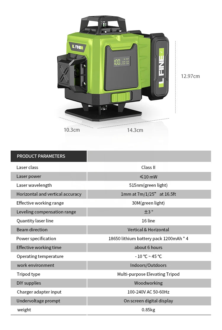 LFINE 16 Lines 4D Laser Level 12 Lines 3D level 360°Self-leveling Horizontal and Vertical Cross Super Powerful Green Laser Beams