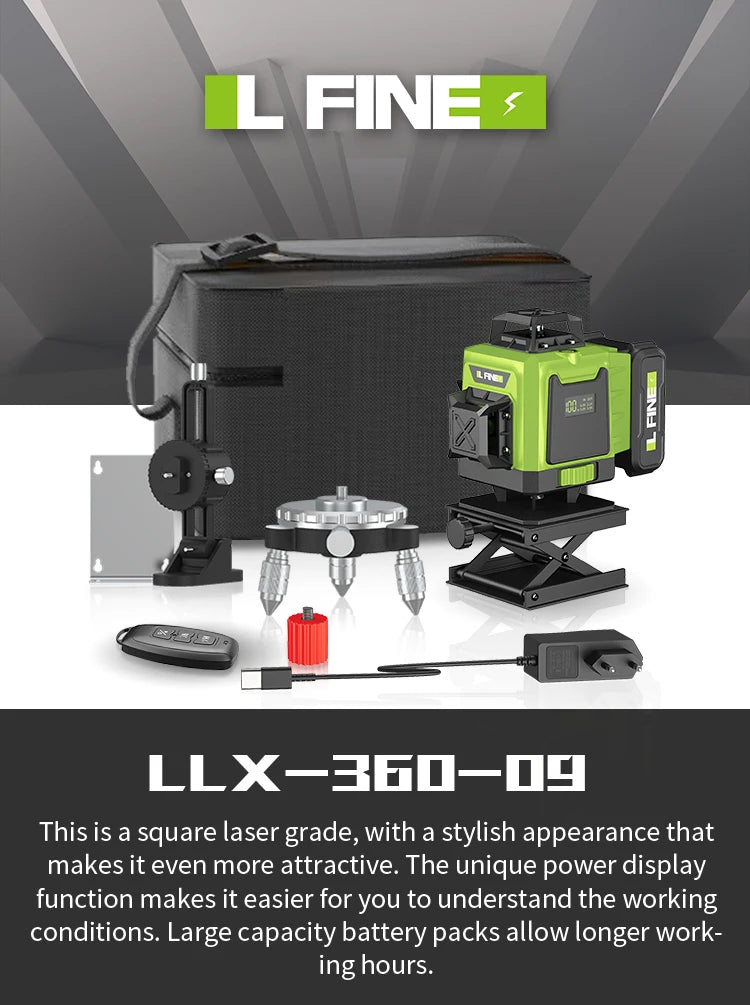 LFINE 16 Lines 4D Laser Level 12 Lines 3D level 360°Self-leveling Horizontal and Vertical Cross Super Powerful Green Laser Beams