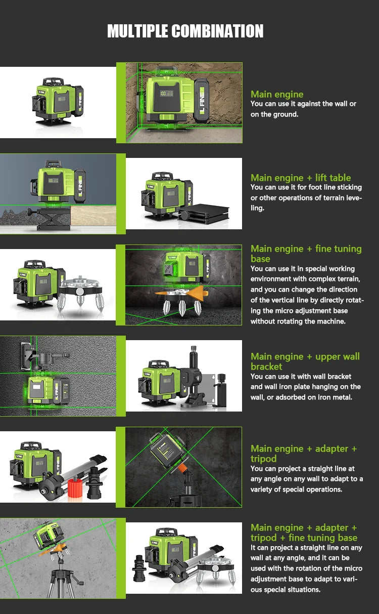 LFINE 16 Lines 4D Laser Level 12 Lines 3D level 360°Self-leveling Horizontal and Vertical Cross Super Powerful Green Laser Beams