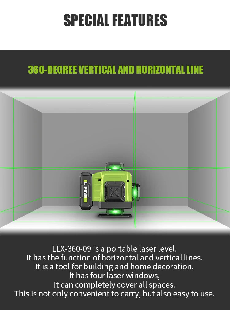 LFINE 16 Lines 4D Laser Level 12 Lines 3D level 360°Self-leveling Horizontal and Vertical Cross Super Powerful Green Laser Beams