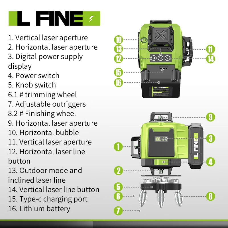 LFINE 16 Lines 4D Laser Level 12 Lines 3D level 360°Self-leveling Horizontal and Vertical Cross Super Powerful Green Laser Beams