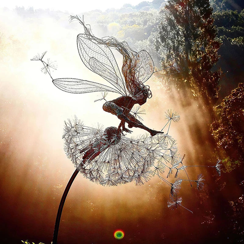 Dancing Fairy Statue Steel Wires Fairy Elf Dandelion Miniature Sculpture Mythical Garden Figurine Fairies Pixies Yard Decor