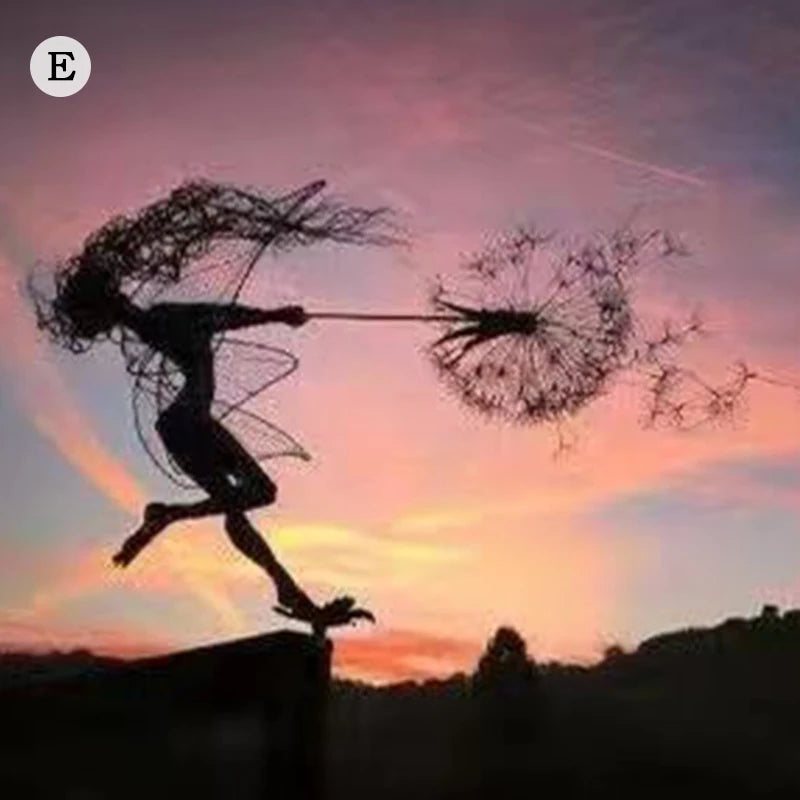 Dancing Fairy Statue Steel Wires Fairy Elf Dandelion Miniature Sculpture Mythical Garden Figurine Fairies Pixies Yard Decor