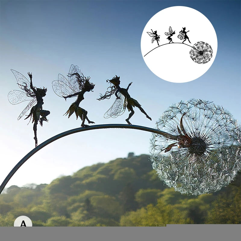 Dancing Fairy Statue Steel Wires Fairy Elf Dandelion Miniature Sculpture Mythical Garden Figurine Fairies Pixies Yard Decor