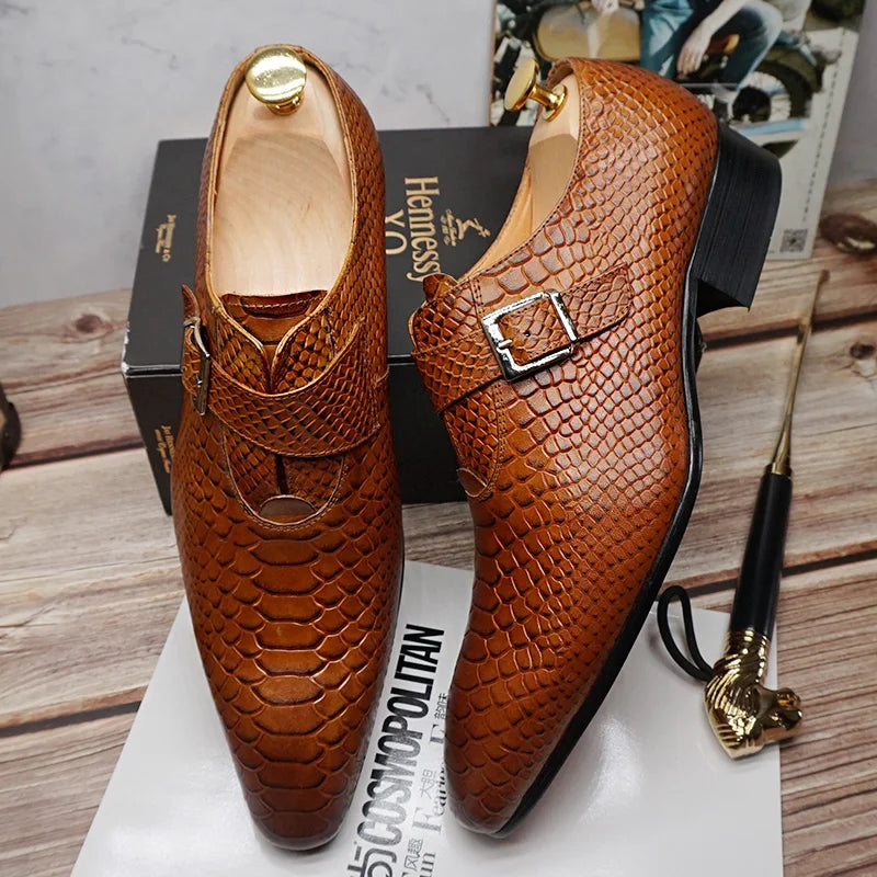 Luxury Men's Loafers Dress Shoes Snake Prints Formal Men Casual Shoes Black Brown Monk Loafers Office Wedding Leather Shoes Men