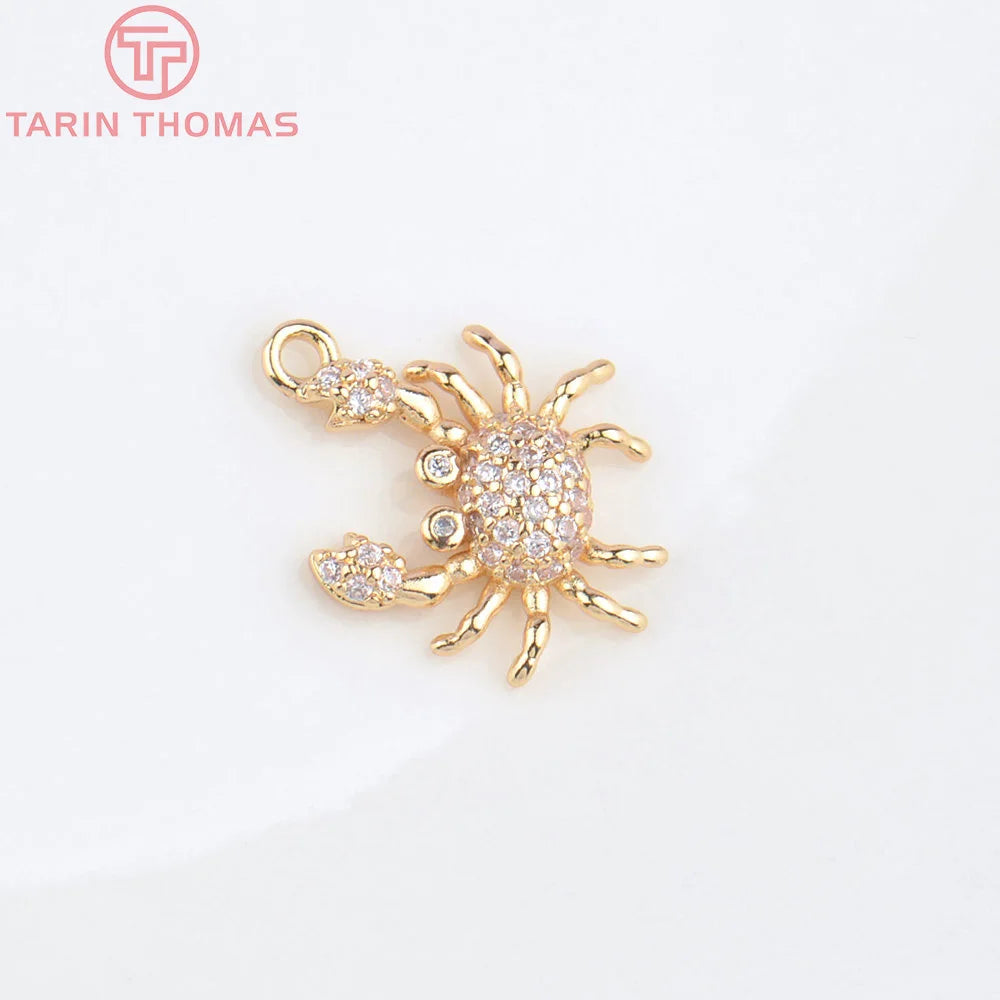 (4831) 6PCS 16x17MM 24K Champagne Gold Color Brass with Zircon Crab Shaped Pendants High Quality Diy Jewelry Making Findings