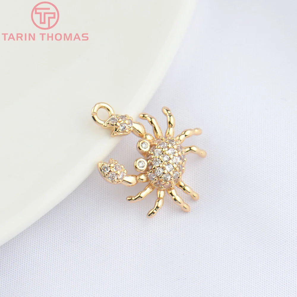 (4831) 6PCS 16x17MM 24K Champagne Gold Color Brass with Zircon Crab Shaped Pendants High Quality Diy Jewelry Making Findings