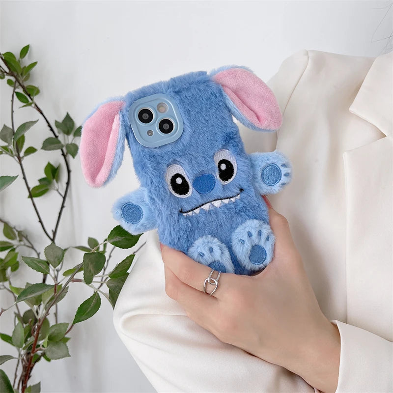 Soft Stitch Plush Phone Case For Xiaomi Redmi Note 10 Pro Max 9 8 7 10S 10T 9S 9T 8T 7S Cute 3D Cartoon Furry Warm Fur Cover