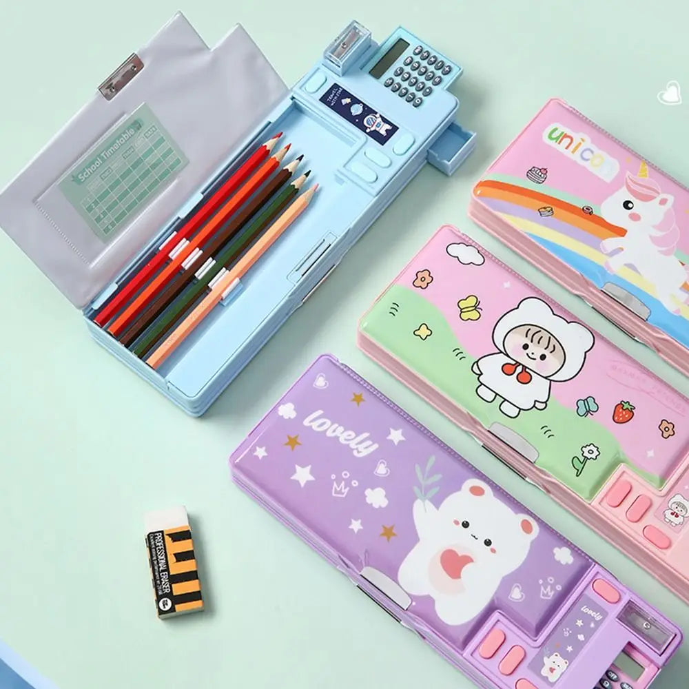 Double Layer Pencil Case With Calculator Astronaut/Animal Design Stationery Storage Box Plastic Pencil Sharpener