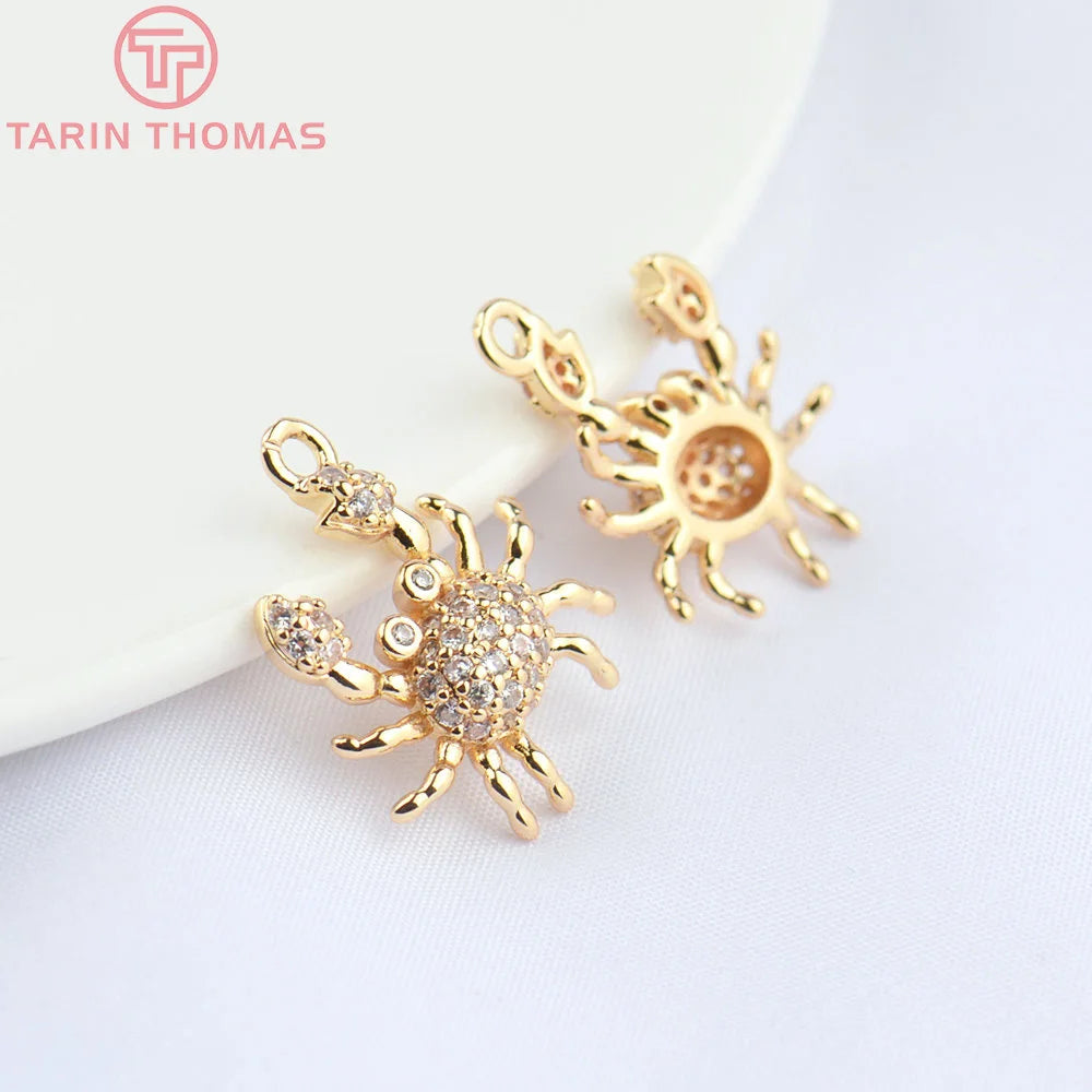 (4831) 6PCS 16x17MM 24K Champagne Gold Color Brass with Zircon Crab Shaped Pendants High Quality Diy Jewelry Making Findings