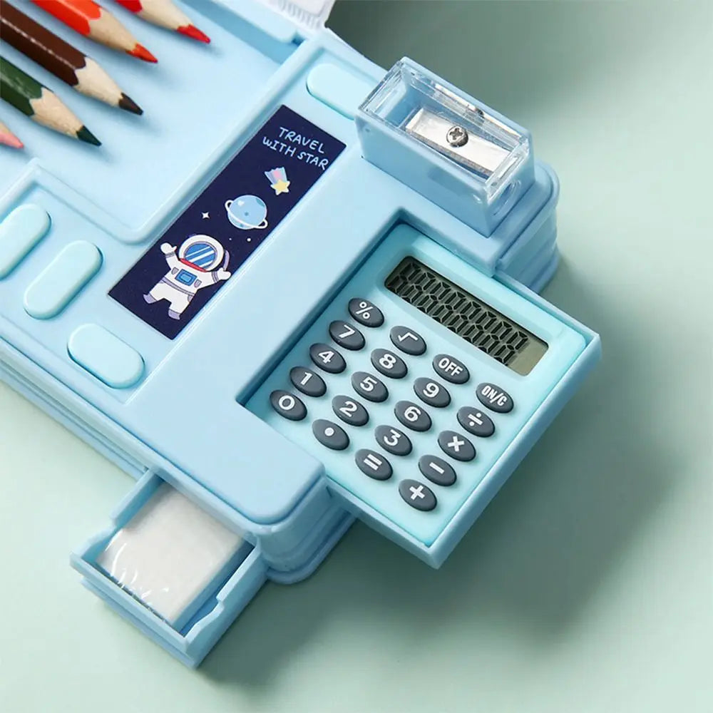 Double Layer Pencil Case With Calculator Astronaut/Animal Design Stationery Storage Box Plastic Pencil Sharpener