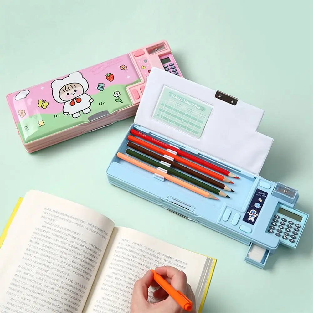 Double Layer Pencil Case With Calculator Astronaut/Animal Design Stationery Storage Box Plastic Pencil Sharpener