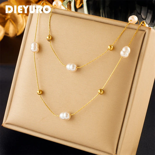 DIEYURO 316L Stainless Steel Double Layer Pearl 2in1 Chains Necklace For Women New Fashion Girls Choker Waterproof Jewelry Gifts