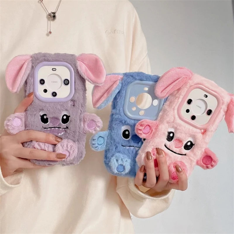 Soft Stitch Plush Phone Case For Xiaomi Redmi Note 10 Pro Max 9 8 7 10S 10T 9S 9T 8T 7S Cute 3D Cartoon Furry Warm Fur Cover