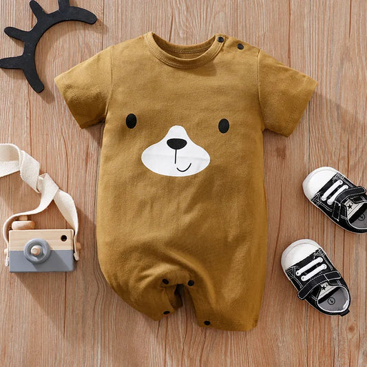 Summer Newborn Boys And Girls Cute Cartoon Brown Bear Printed Cotton Comfortable Baby Short Sleeve Bodysuit