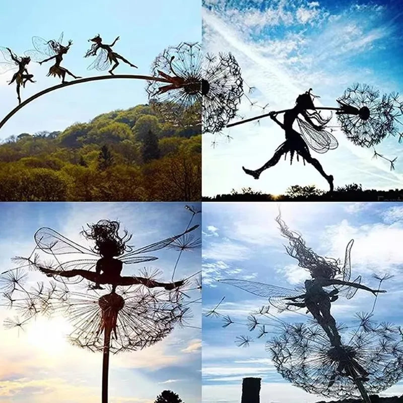 Dancing Fairy Statue Steel Wires Fairy Elf Dandelion Miniature Sculpture Mythical Garden Figurine Fairies Pixies Yard Decor