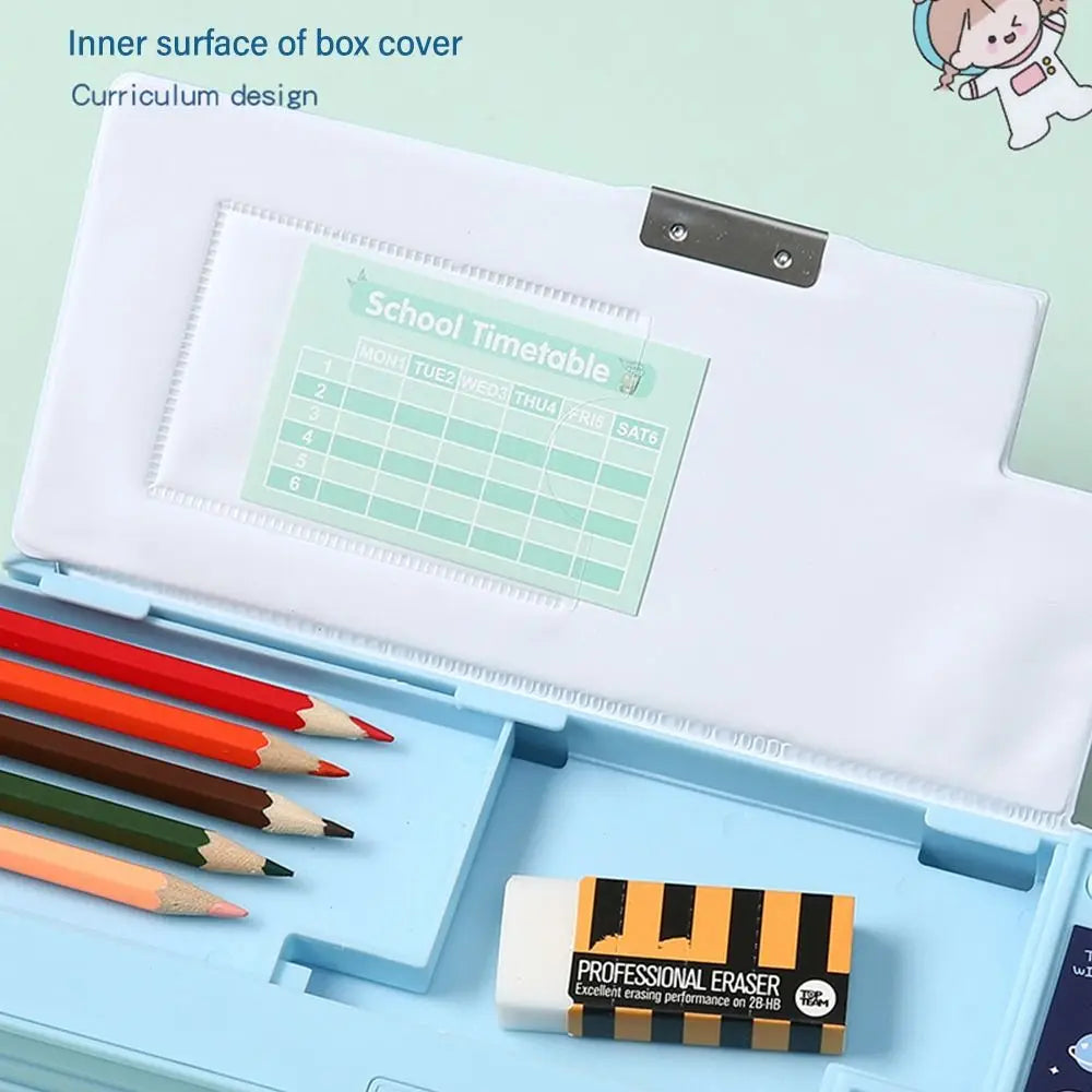 Double Layer Pencil Case With Calculator Astronaut/Animal Design Stationery Storage Box Plastic Pencil Sharpener