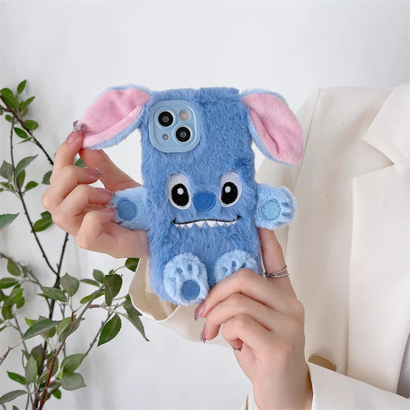 Soft Stitch Plush Phone Case For Xiaomi Redmi Note 10 Pro Max 9 8 7 10S 10T 9S 9T 8T 7S Cute 3D Cartoon Furry Warm Fur Cover