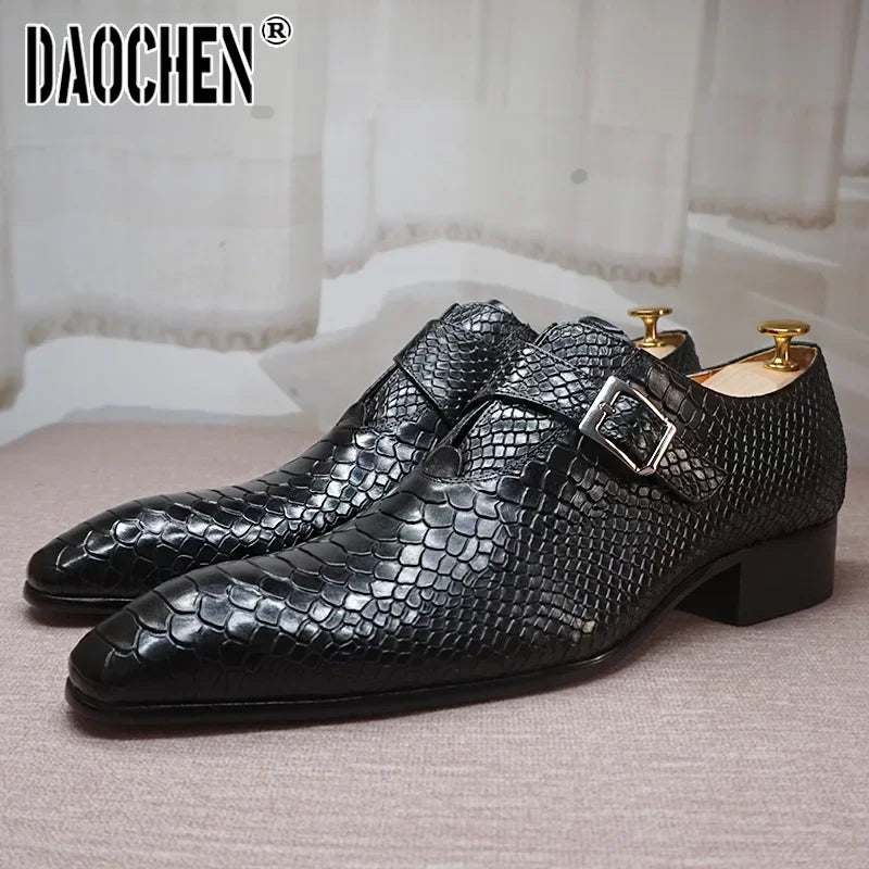 Luxury Men's Loafers Dress Shoes Snake Prints Formal Men Casual Shoes Black Brown Monk Loafers Office Wedding Leather Shoes Men