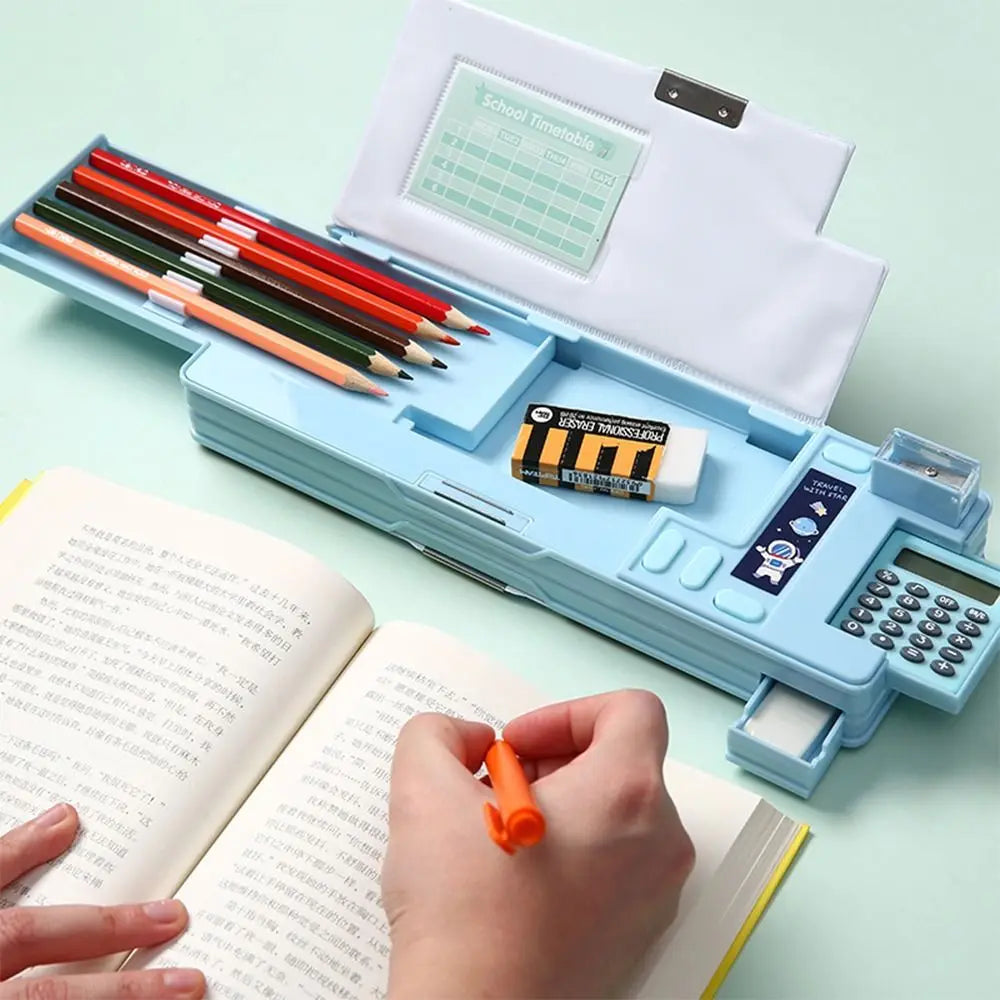 Double Layer Pencil Case With Calculator Astronaut/Animal Design Stationery Storage Box Plastic Pencil Sharpener