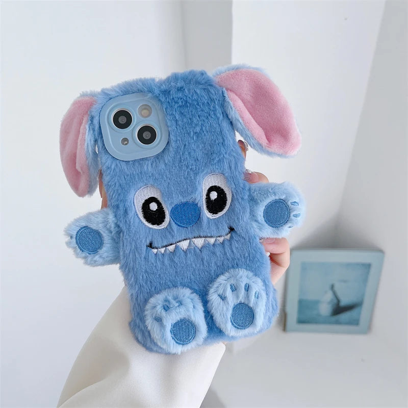 Soft Stitch Plush Phone Case For Xiaomi Redmi Note 10 Pro Max 9 8 7 10S 10T 9S 9T 8T 7S Cute 3D Cartoon Furry Warm Fur Cover