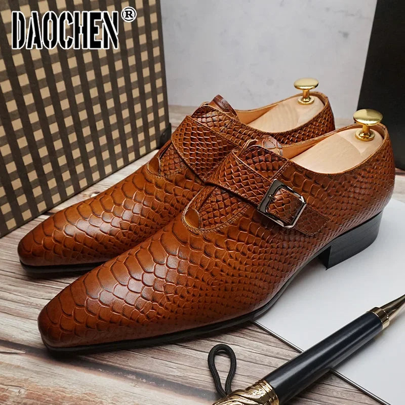 Luxury Men's Loafers Dress Shoes Snake Prints Formal Men Casual Shoes Black Brown Monk Loafers Office Wedding Leather Shoes Men