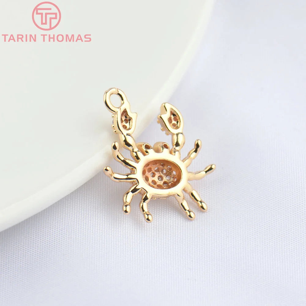 (4831) 6PCS 16x17MM 24K Champagne Gold Color Brass with Zircon Crab Shaped Pendants High Quality Diy Jewelry Making Findings