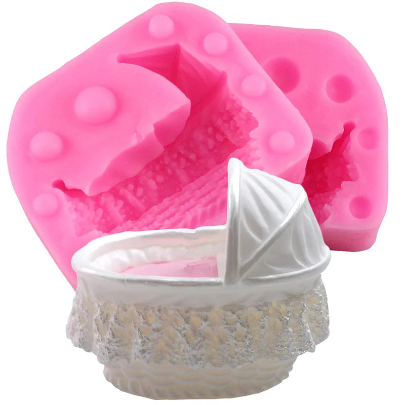 3D Baby Cradle Shape Silicone Fondant Mold Kitchen DIY Cake Baking Tools Candy Chocolate Mould Stroller Plaster Decoration