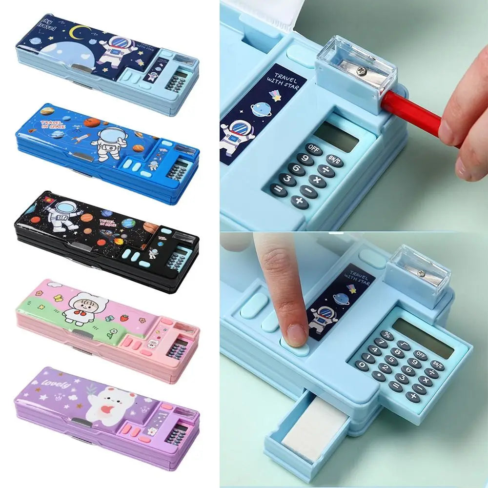 Double Layer Pencil Case With Calculator Astronaut/Animal Design Stationery Storage Box Plastic Pencil Sharpener