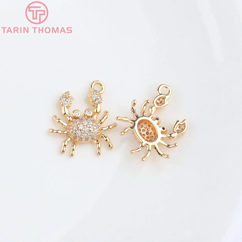 (4831) 6PCS 16x17MM 24K Champagne Gold Color Brass with Zircon Crab Shaped Pendants High Quality Diy Jewelry Making Findings