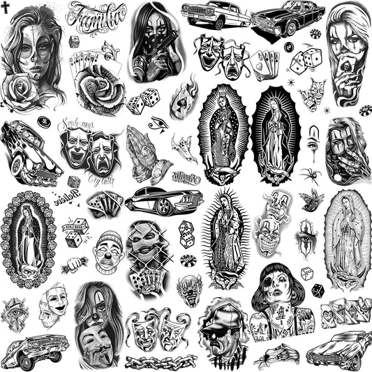 6 Sheets Chicano Temporary Tattoos For Men Women Adult, Chicana Guadalupe Gangster Fake Tattoos Halloween Day of the Dead Mexico