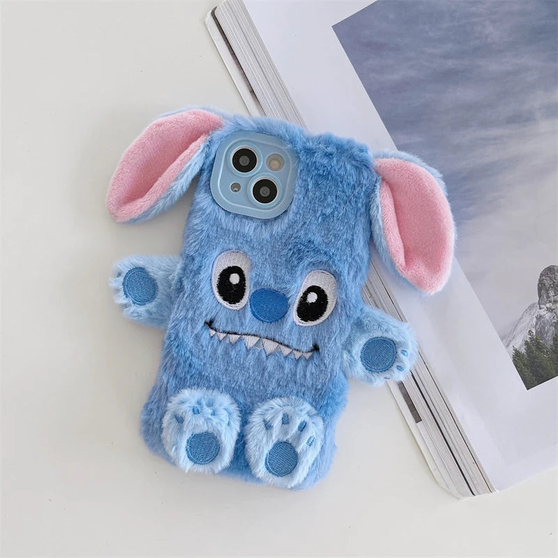 Soft Stitch Plush Phone Case For Xiaomi Redmi Note 10 Pro Max 9 8 7 10S 10T 9S 9T 8T 7S Cute 3D Cartoon Furry Warm Fur Cover