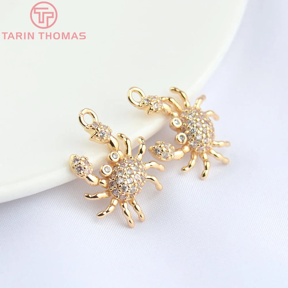 (4831) 6PCS 16x17MM 24K Champagne Gold Color Brass with Zircon Crab Shaped Pendants High Quality Diy Jewelry Making Findings