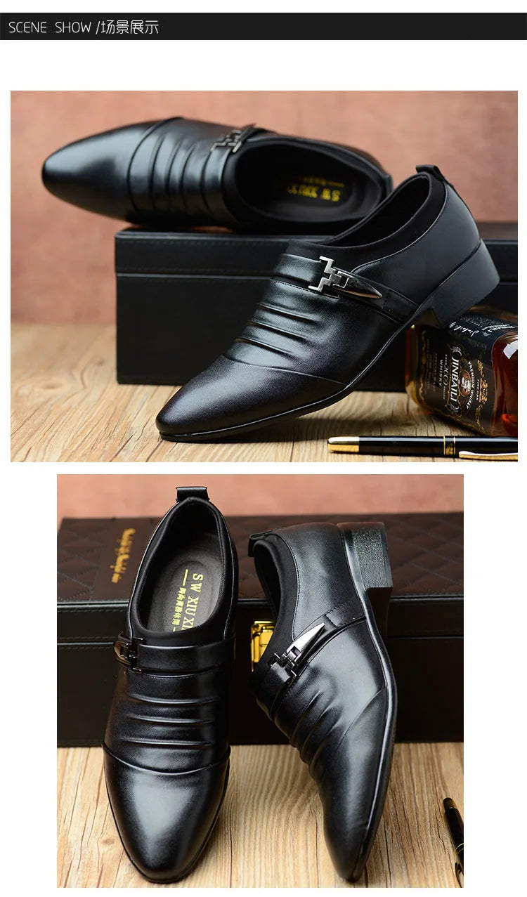 2023Classic Men Dress Shoes Slip on Black Leather Shoes for Men Plus Size Point Toe Business Casual Men Formal Shoes for Wedding