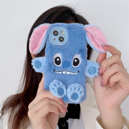 Soft Stitch Plush Phone Case For Xiaomi Redmi Note 10 Pro Max 9 8 7 10S 10T 9S 9T 8T 7S Cute 3D Cartoon Furry Warm Fur Cover