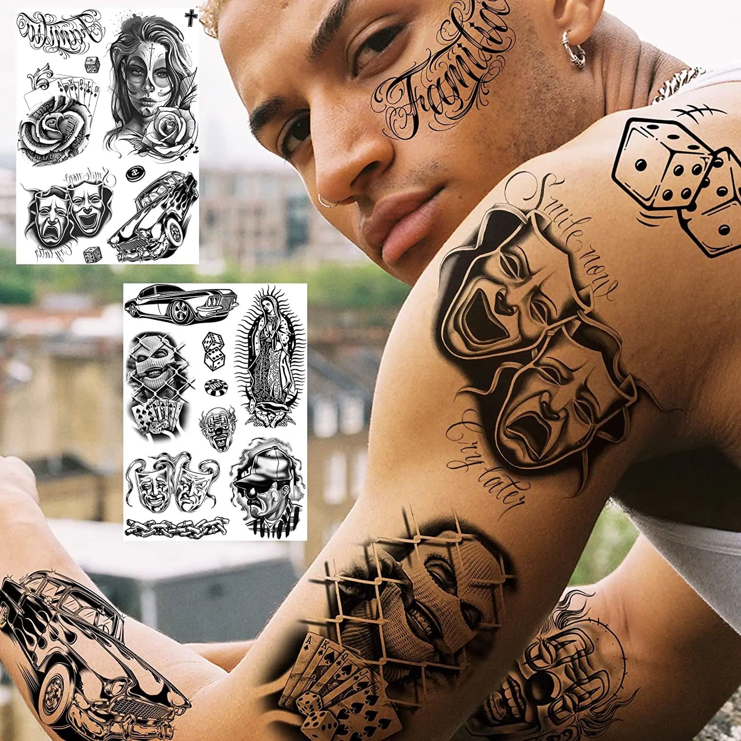 6 Sheets Chicano Temporary Tattoos For Men Women Adult, Chicana Guadalupe Gangster Fake Tattoos Halloween Day of the Dead Mexico