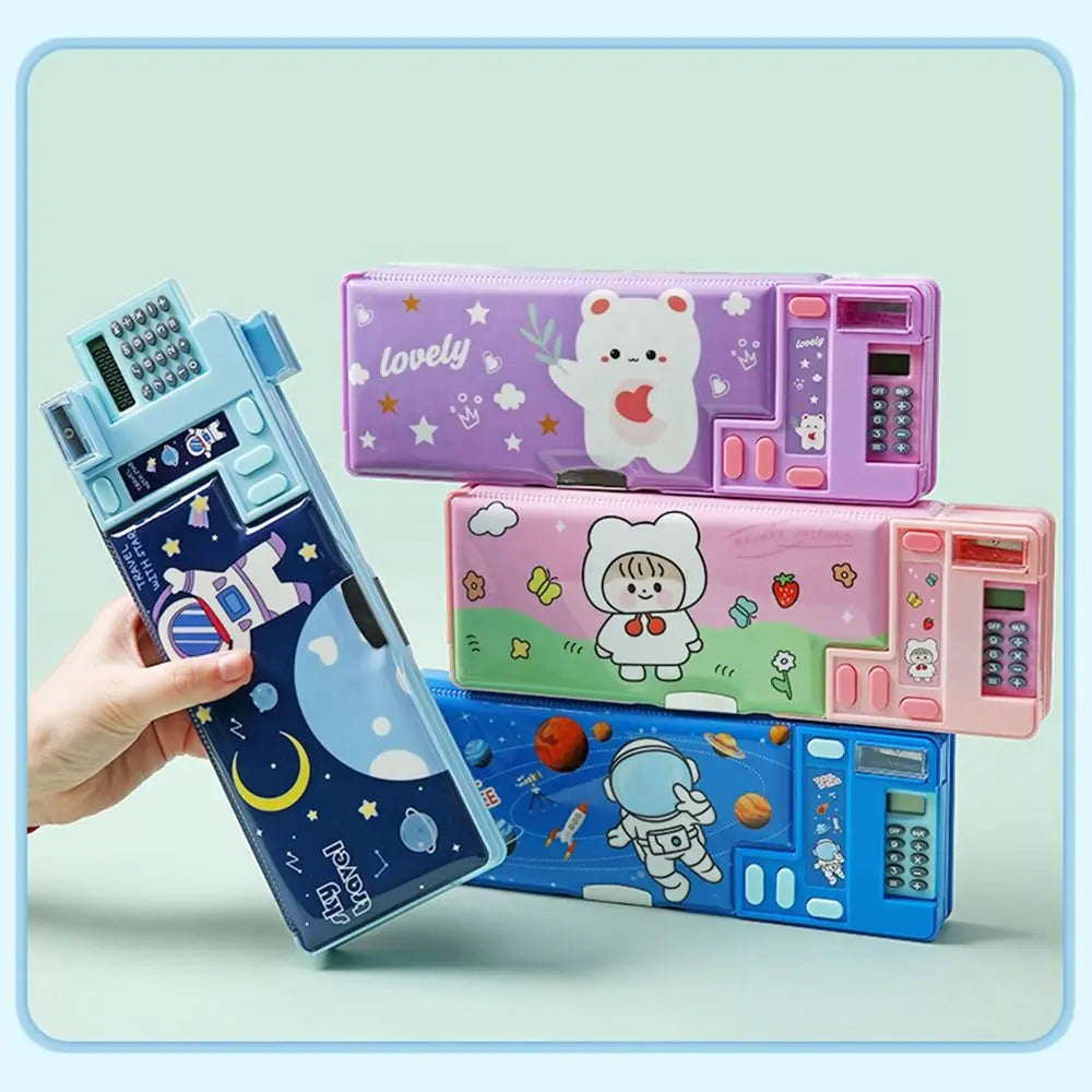 Double Layer Pencil Case With Calculator Astronaut/Animal Design Stationery Storage Box Plastic Pencil Sharpener