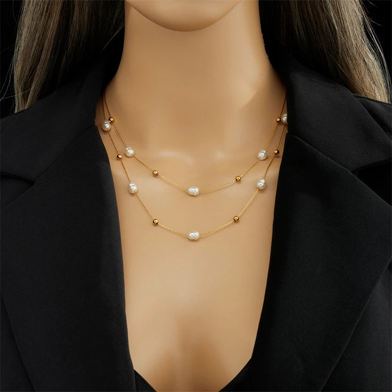 DIEYURO 316L Stainless Steel Double Layer Pearl 2in1 Chains Necklace For Women New Fashion Girls Choker Waterproof Jewelry Gifts