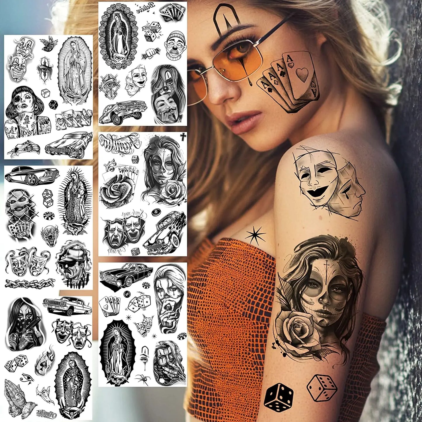 6 Sheets Chicano Temporary Tattoos For Men Women Adult, Chicana Guadalupe Gangster Fake Tattoos Halloween Day of the Dead Mexico